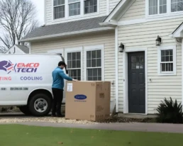 AC replacement in Horsham PA — EMCO Tech technician installing new air conditioner