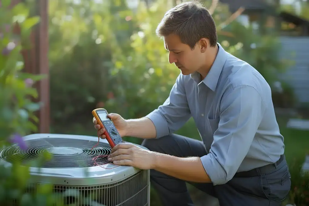 EMCO Tech HVAC technician testing AC capacitor with multimeter in Bucks County, PA
