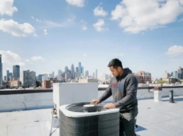 Commercial rooftop AC unit being inspected for problems in Philadelphia, PA