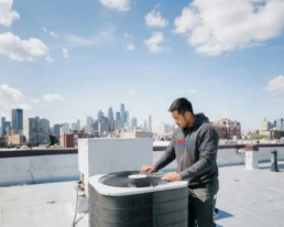 Commercial rooftop AC unit being inspected for problems in Philadelphia, PA