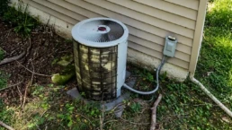 Dirty outdoor AC condenser unit clogged with branches and overgrowth at the end of summer in Malvern, PA, needing repair and cleaning.