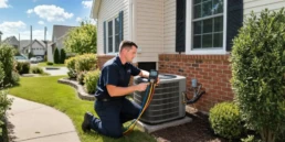 EMCO Tech technician servicing a home HVAC system in the Greater Philadelphia area