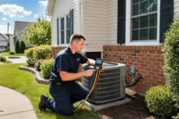 EMCO Tech technician servicing a home HVAC system in the Greater Philadelphia area