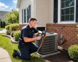 EMCO Tech technician servicing a home HVAC system in the Greater Philadelphia area