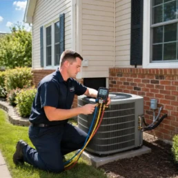 EMCO Tech technician servicing a home HVAC system in the Greater Philadelphia area
