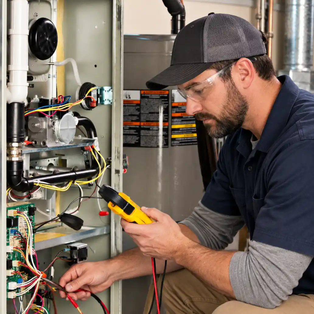 EMCO Tech HVAC Technician Testing Furnace Wiring During Maintenance