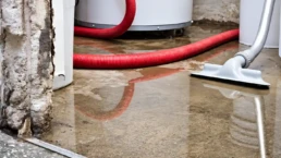 EMCO Tech Leaking Water Heater and HVAC Repair - Flooded Basement with Red Drain Hose