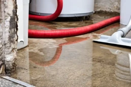 EMCO Tech Leaking Water Heater and HVAC Repair - Flooded Basement with Red Drain Hose