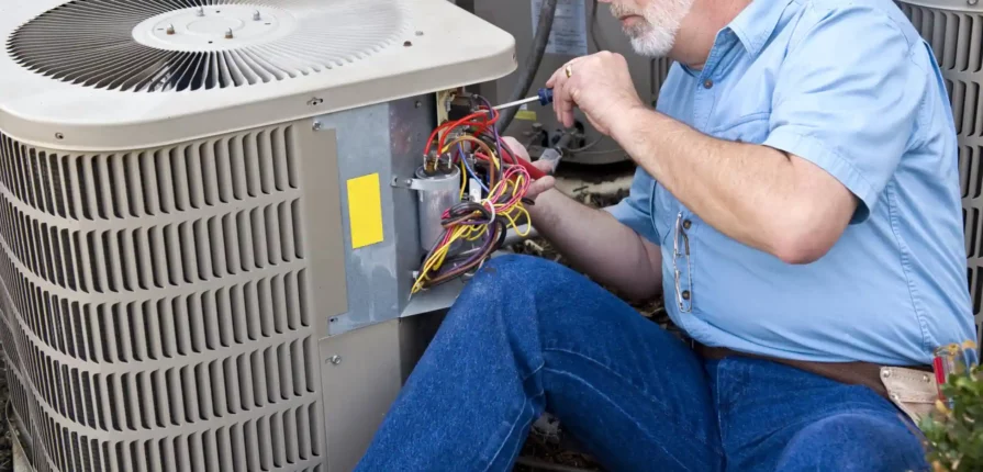 Technician repairing central air conditioning unit