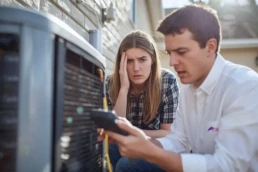 EMCO Tech Heating & Cooling Technician Dealing with Air Conditioning Problems and Puzzled Client