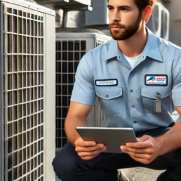 EMCO Tech Heating and Cooling technician working on commercial HVAC project with clipboard in Jamison PA
