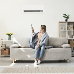 Ductless Minisplit System - Indoor Air Handler - Woman with remote for ductless unit - EMCO Tech Ductless Mini-Split Installation