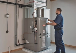 HVAC services in King of Prussia - EMCO Tech technician assembling heating and AC system in basement
