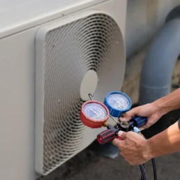 EMCO Tech Heating and Cooling Services in Lansdale PA - HVAC Tech with Freon Gages Charging Refrigerant in AC Unit