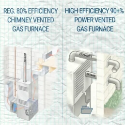 Side-by-side diagram comparing a standard gas furnace and a high-efficiency condensing gas furnace, showing heat exchanger design, sealed venting, and condensate drain for Philadelphia homes