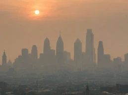 Wildfire smoke haze over the Philadelphia skyline affecting indoor air quality