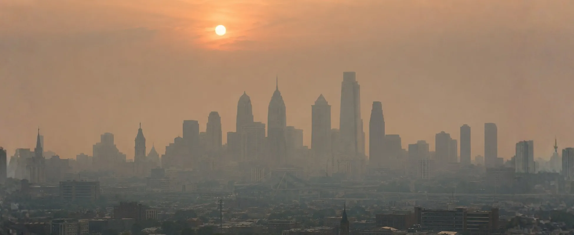 Wildfire smoke haze over the Philadelphia skyline affecting indoor air quality