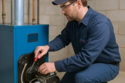 EMCO Tech Technician Performing Oil Heater Maintenance on Oil Boiler