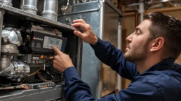 Pre-seasonal HVAC Heating Tune-Up - EMCO Tech Technician Servicing Furnace Control Panel in Willow Grove