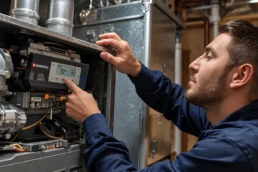 Pre-seasonal HVAC Heating Tune-Up - EMCO Tech Technician Servicing Furnace Control Panel in Willow Grove