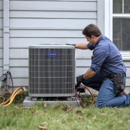 Air Conditioning Maintenance - EMCO Tech Technician Servicing Carrier AC Unit