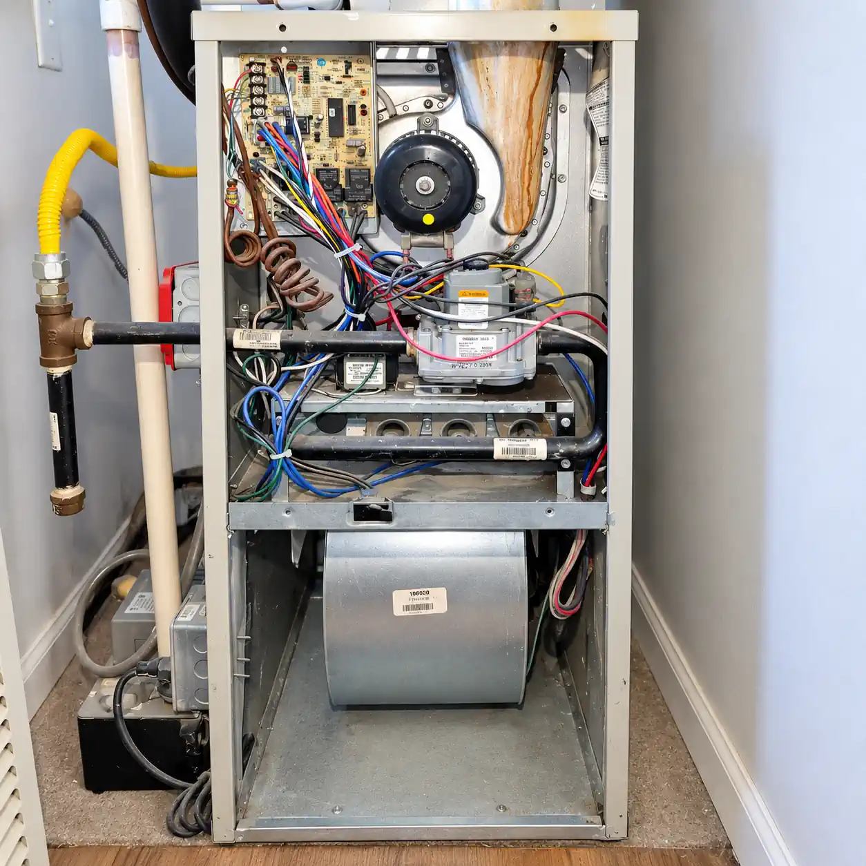 Furnace Without Cover During Heating Maintenance Visit
