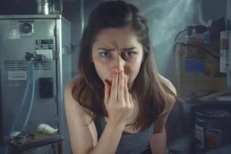 Gas leak Repair by EMCO Tech - Young woman disgusted with rotten eggs smell from furnace