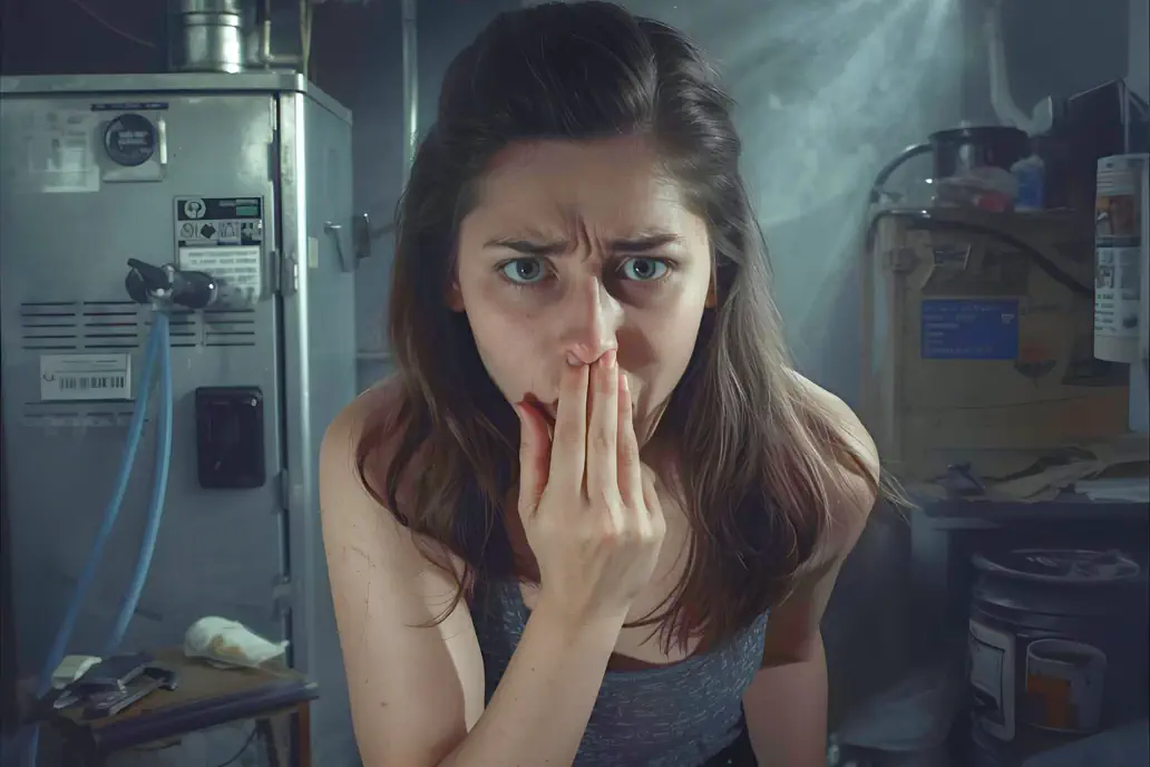 Gas leak Repair by EMCO Tech - Young woman disgusted with rotten eggs smell from furnace