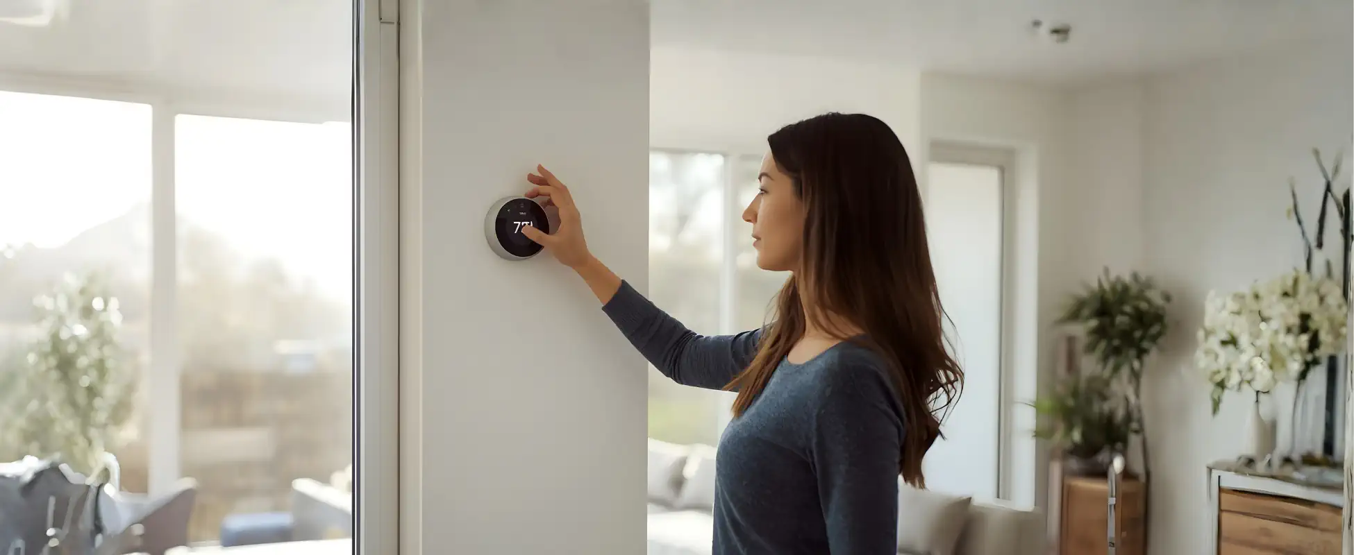 Woman turning on AC for the first time after winter from thermostat