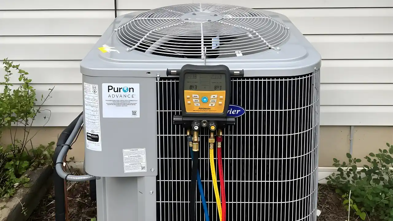 AC system refrigerant recharge being performed by an HVAC technician