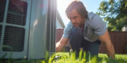 Homeowner checking outdoor AC condenser before a summer heat wave in Bucks County, PA - EMCO Tech