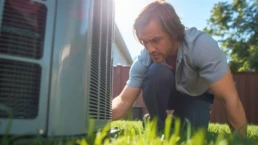 Homeowner checking outdoor AC condenser before a summer heat wave in Bucks County, PA - EMCO Tech