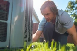 Homeowner checking outdoor AC condenser before a summer heat wave in Bucks County, PA - EMCO Tech