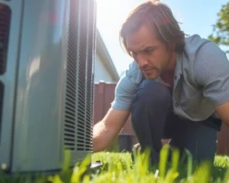 Homeowner checking outdoor AC condenser before a summer heat wave in Bucks County, PA - EMCO Tech