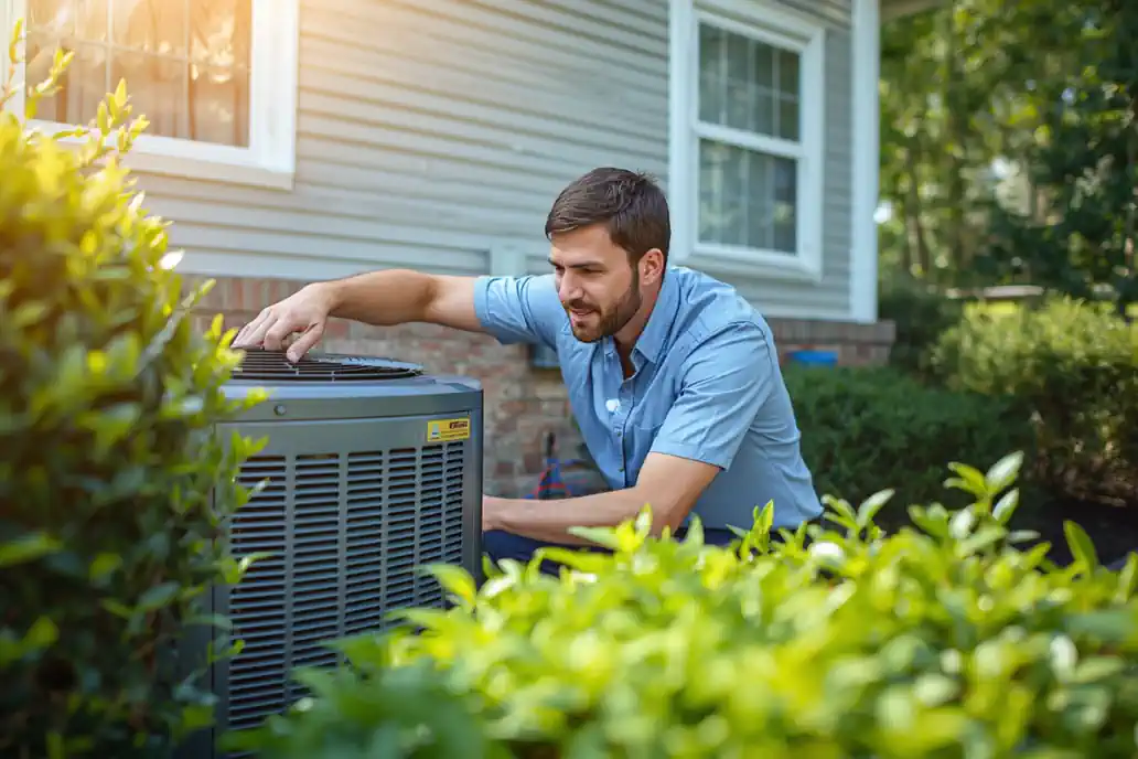 Homeowner looking at outdoor AC condenser before a summer heat wave in Bucks County, PA - EMCO Tech)