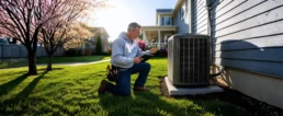 EMCO Tech technician inspecting an AC compressor in an outdoor condenser unit