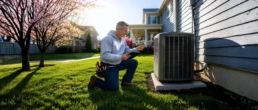 EMCO Tech technician inspecting an AC compressor in an outdoor condenser unit