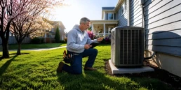 EMCO Tech technician inspecting an AC compressor in an outdoor condenser unit
