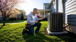 EMCO Tech technician inspecting an AC compressor in an outdoor condenser unit