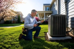 EMCO Tech technician inspecting an AC compressor in an outdoor condenser unit