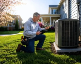 EMCO Tech technician inspecting an AC compressor in an outdoor condenser unit