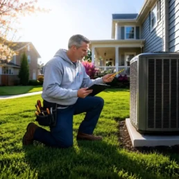 EMCO Tech technician inspecting an AC compressor in an outdoor condenser unit