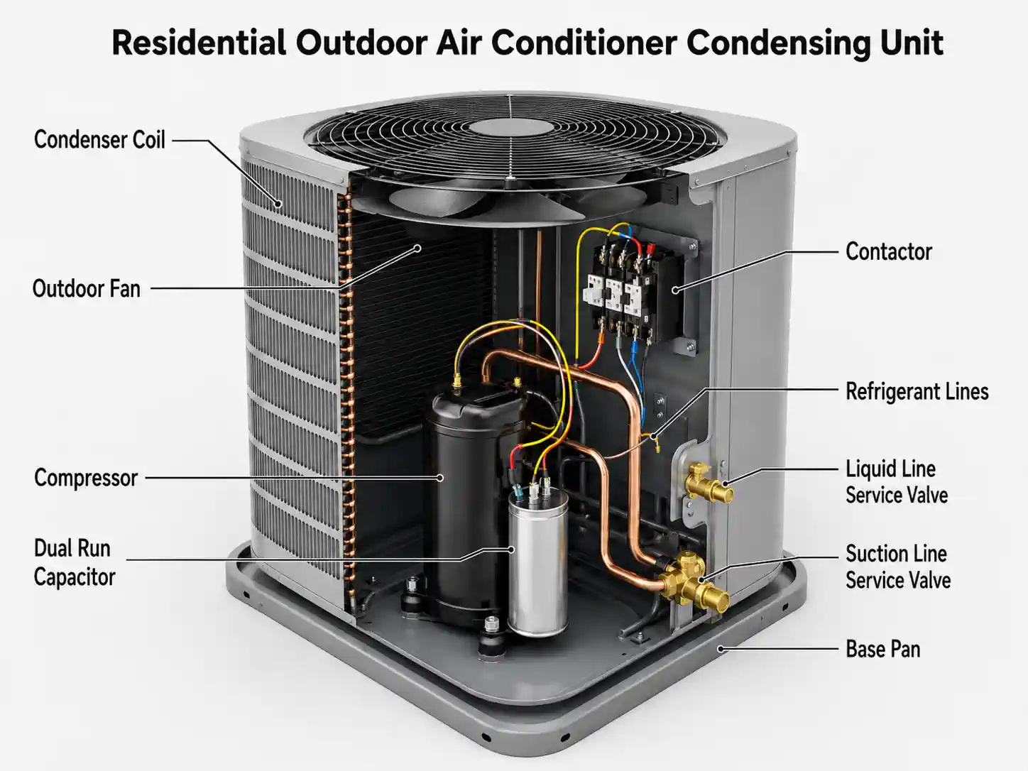 Labeled cutaway of a residential outdoor AC condensing unit showing the compressor, condenser coil, outdoor fan, dual run capacitor, contactor, and service valves