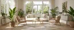 Bright, airy living room with houseplants and open windows, clean indoor air in a Philadelphia home