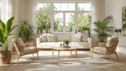 Bright, airy living room with houseplants and open windows, clean indoor air in a Philadelphia home