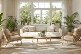 Bright, airy living room with houseplants and open windows, clean indoor air in a Philadelphia home