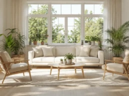Bright, airy living room with houseplants and open windows, clean indoor air in a Philadelphia home