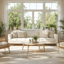 Bright, airy living room with houseplants and open windows, clean indoor air in a Philadelphia home