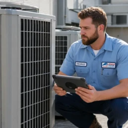 EMCO Tech HVAC technician inspecting outdoor units in Jamison PA