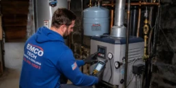 HVAC technician checking boiler controls and system pressure during seasonal service